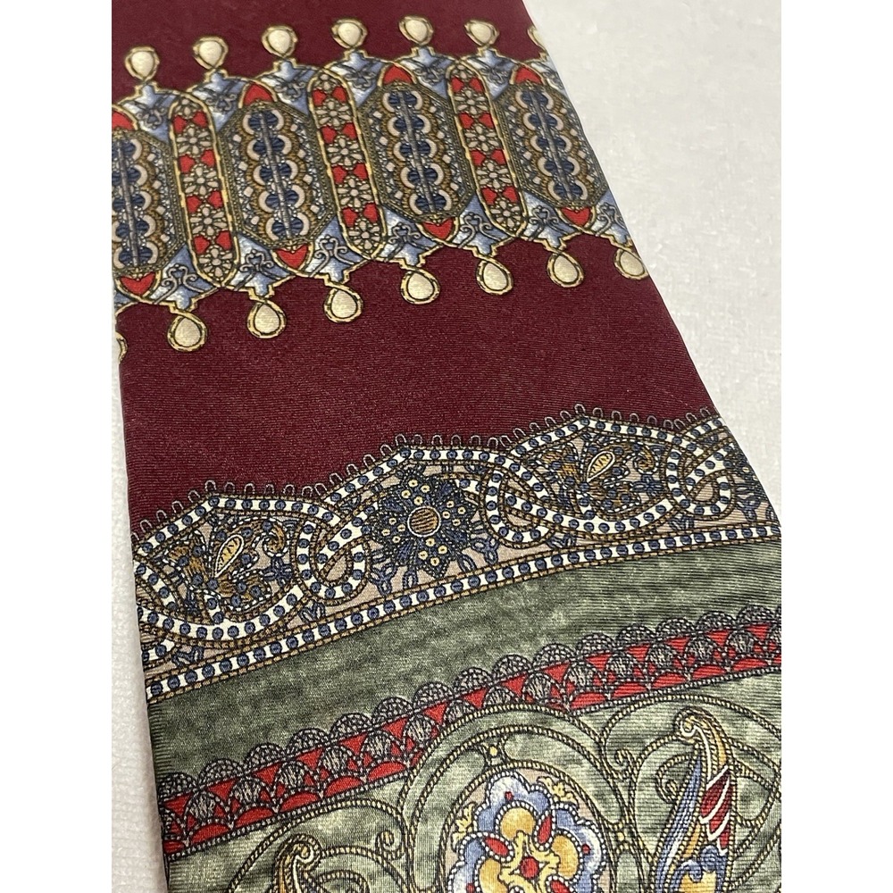 Vintage Bill Blass Silk Tie Paisley Blue Tan Burgundy Horizontal Geometric 3.75"